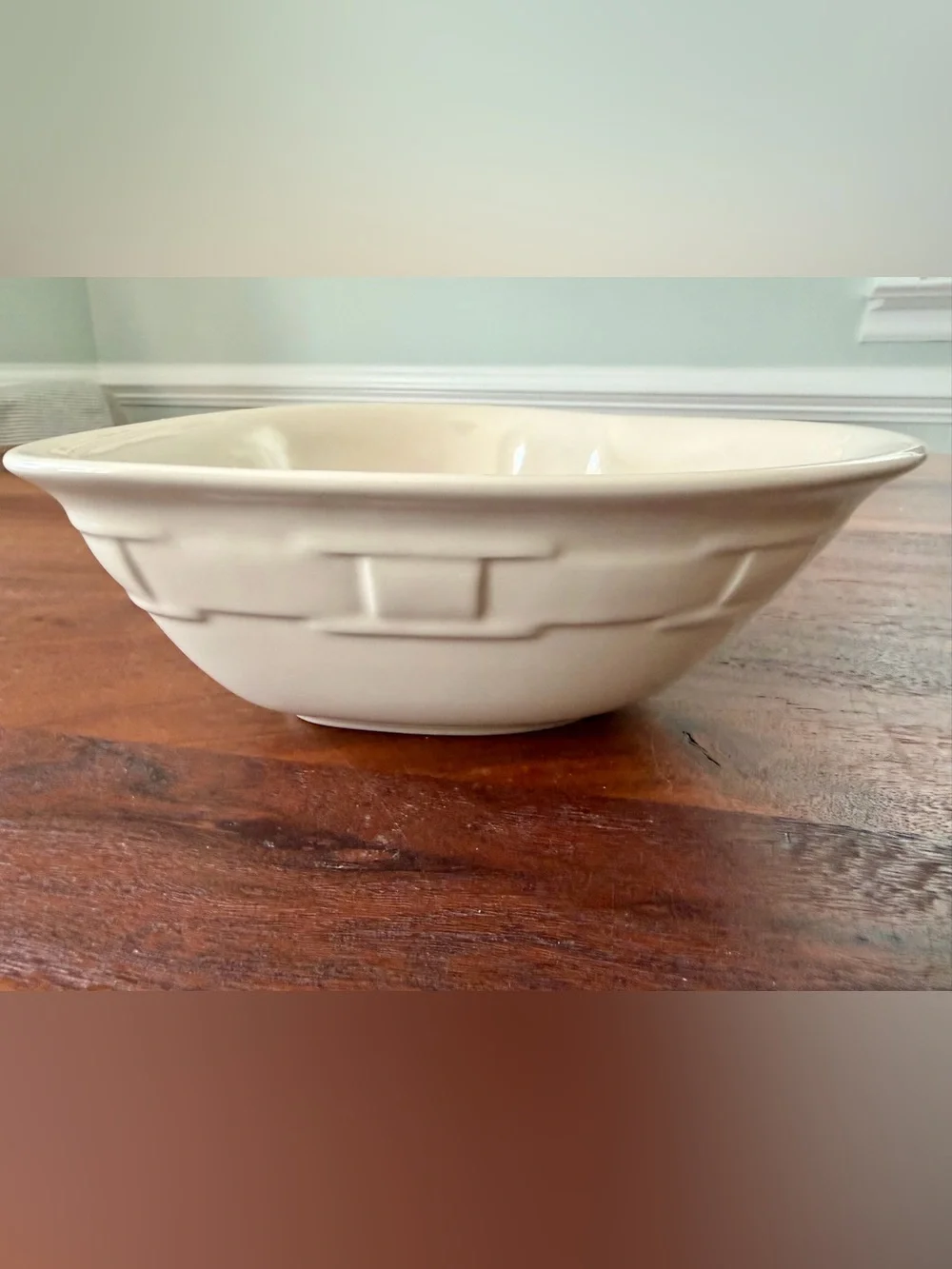 Longaberger Pottery Heart Bowl White Ceramic Glossy Basket Weave USA 8.75”